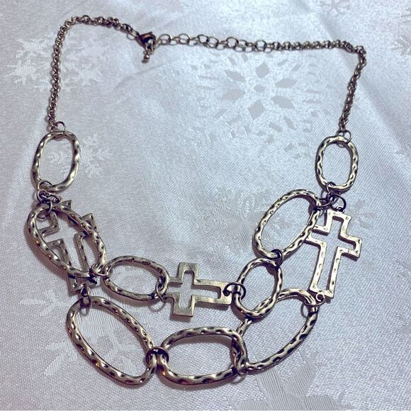 Cross Necklace Brushed Gold Tone Double Strand 20” Gorgeous - Picture 1 of 3